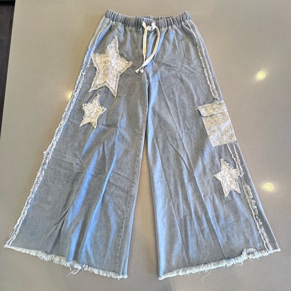 POL Light Blue Flare Jeans Star Patches Fabric Pockets Elastic Drawstring Waist - Picture 2 of 15
